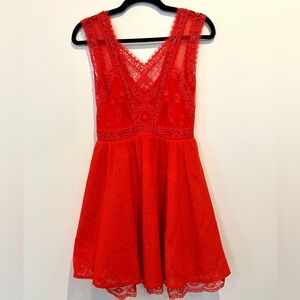 Free People Red Orange Lace Short Sleeveless Sheer Back Sexy Dress Size 0